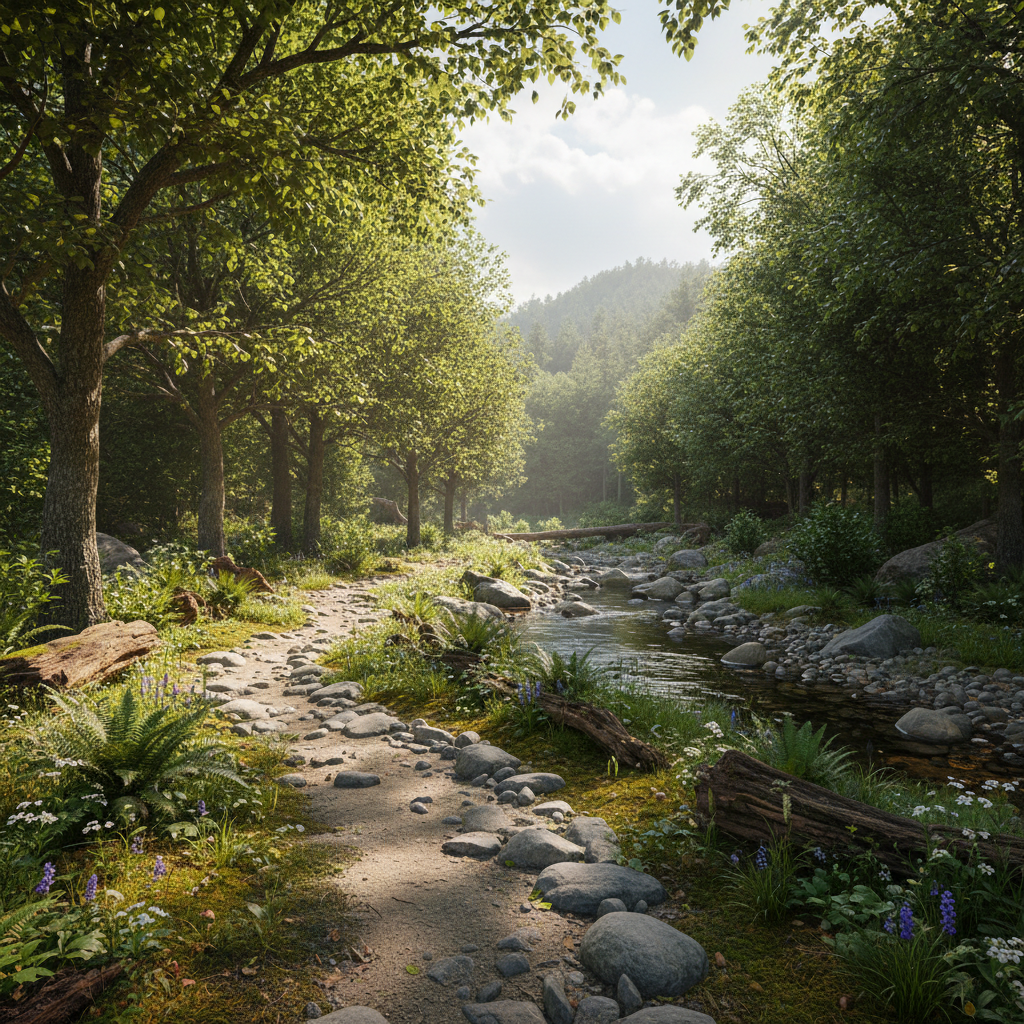 Suasana alam terbuka yang tenang dengan pepohonan rindang, melambangkan pendekatan alami Mynex