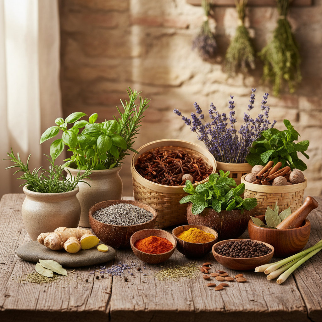 Berbagai tanaman herbal dan rempah dalam wadah alami di atas permukaan kayu