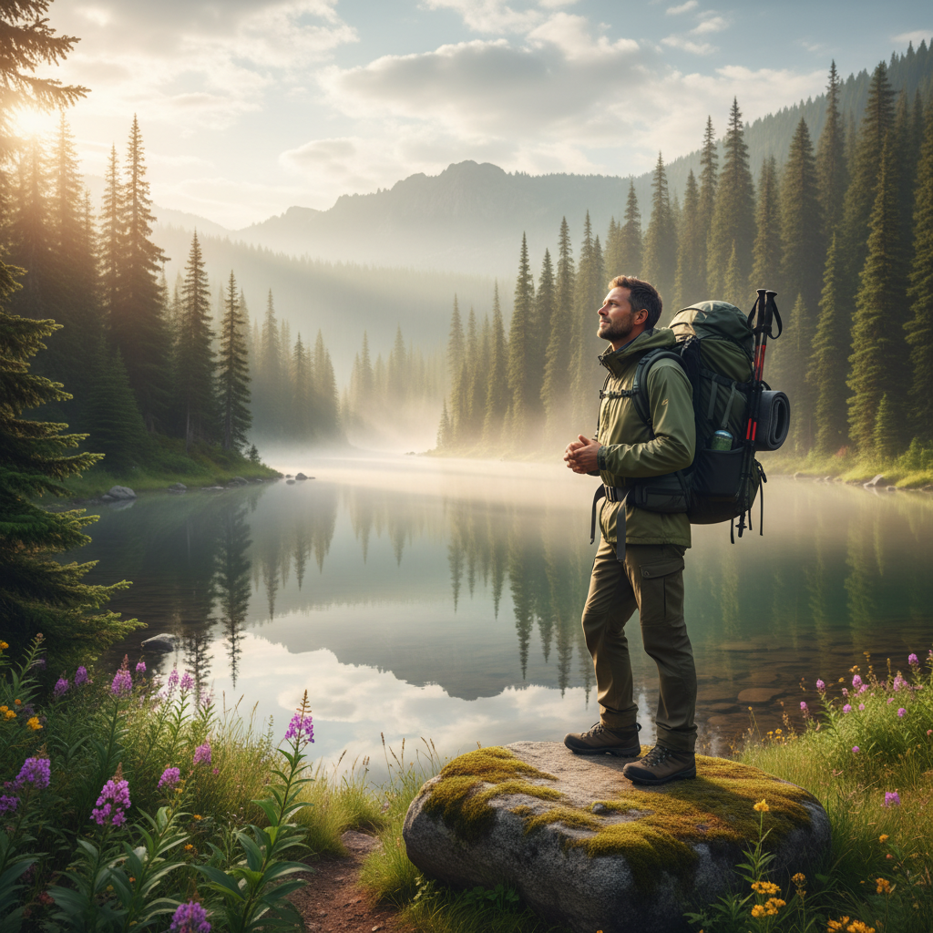 Pria dewasa beraktivitas di alam terbuka dengan suasana tenang dan alami