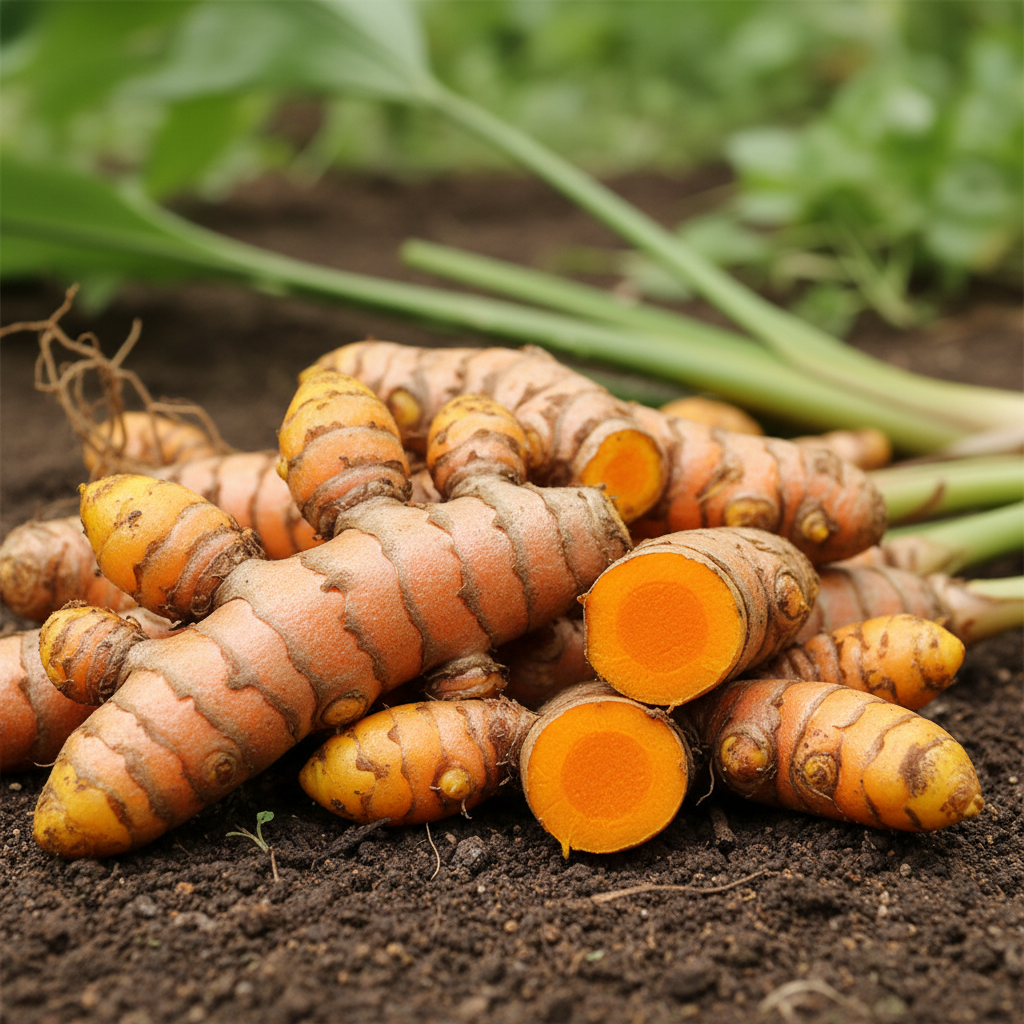 Kunyit segar berwarna kuning cerah yang baru dipanen dari tanah